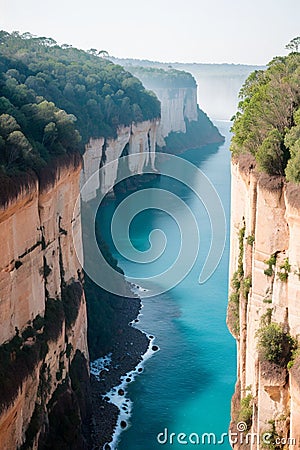 AI generated illustration of a scenic view of a rocky cliff overlooking the vibrant turquoise waters Cartoon Illustration