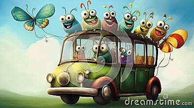 AI generated illustration of a school bus parked in a grassy meadow, filled with colorful insects Cartoon Illustration