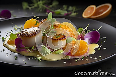 AI generated illustration of scrumptious plate of freshly cooked scallops garnished Cartoon Illustration
