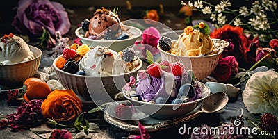 AI generated illustration of a selection of colorful ice cream bowls and flowers arranged around Cartoon Illustration