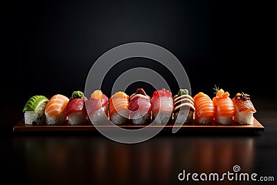 AI generated illustration of a selection of colorful sushi rolls on a dark background Cartoon Illustration