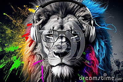 AI generated illustration of a selective color of a cool lion with sunglasses and headphones Cartoon Illustration