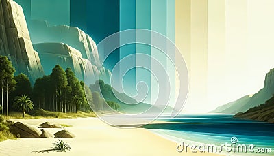 AI generated illustration of A serene landscape featuring a tranquil beach and towering cliffs Cartoon Illustration