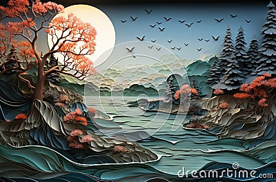 AI generated illustration of a serene outdoor landscape featuring a river through a grassy valley Cartoon Illustration