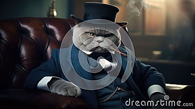 AI generated illustration of a serious gray cat in a suit smoking a cigar Cartoon Illustration