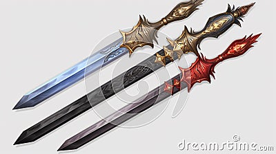 AI generated illustration of a set of three swords with ornate gold handles on a white background Cartoon Illustration