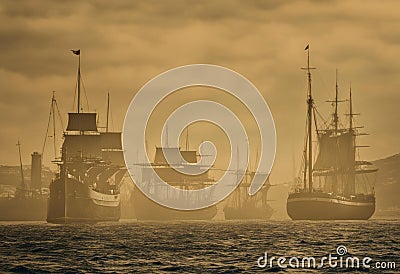 AI-generated illustration of several large ships moored in the tranquil waters covered in fog Cartoon Illustration