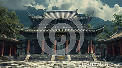 AI generated illustration of a Shaolin temple, an iconic martial arts monastery Cartoon Illustration