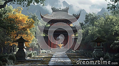 AI generated illustration of a Shaolin temple, an iconic martial arts monastery Cartoon Illustration