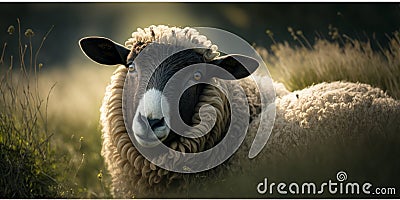 AI generated illustration of sheep with thick fur looking at camera while standing in grassy field in gloomy day Cartoon Illustration