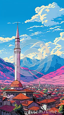 Majestic Mosque in Sarajevo: Serenity Amidst Mountainous Splendor Cartoon Illustration