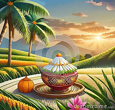 AI generated illustration showcasing offerings during Pongal celebration in a paddy field Cartoon Illustration