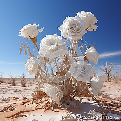 AI generated illustration of a shrub of roses in a dried desert on a sunny day Cartoon Illustration