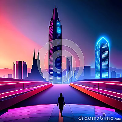 AI generated illustration of A silhouette figure of a person crossing a bridge Cartoon Illustration