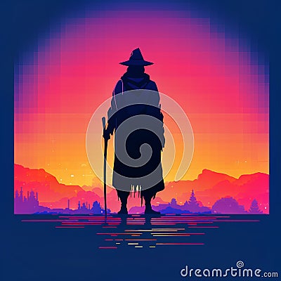 AI generated illustration of a silhouette of a wizard against a vibrant background Cartoon Illustration