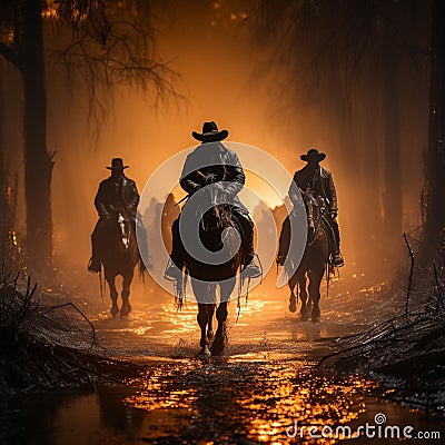 AI generated illustration of silhouetted cowboys riding their horses through a foggy landscape Cartoon Illustration