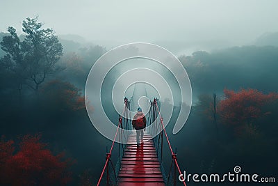 AI generated illustration of a silhouetted figure walking on a suspension bridge shrouded in fog Cartoon Illustration