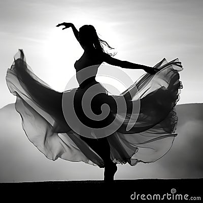AI generated illustration of a silhouetted woman wearing a flowing dress dancing against a sunset Cartoon Illustration