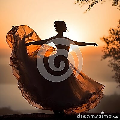 AI generated illustration of a silhouetted woman wearing a flowing dress dancing against a sunset Cartoon Illustration