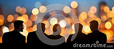 Silhouettes of business professionals networking at event golden bokeh lighting capturing dynamic interaction corporate Cartoon Illustration