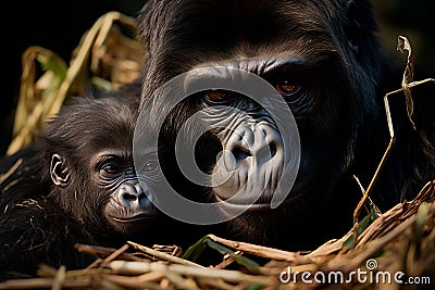 AI generated illustration of a silverback gorilla protecting her baby Cartoon Illustration