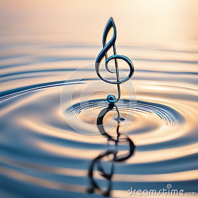 AI generated illustration of a single musical note drifting atop the tranquil surface of a lake Cartoon Illustration