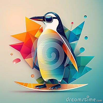 AI generated illustration of a single penguin perched atop a vibrant surfboard Cartoon Illustration