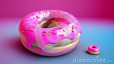 AI generated illustration of a single pink donat on a colorful background. Cartoon Illustration