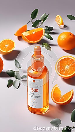 AI-generated illustration of a skincare product in a white bottle with orange slices laid out Cartoon Illustration