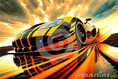 AI generated illustration of a sleek, orange sports car Cartoon Illustration