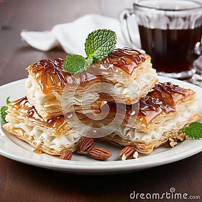 AI generated illustration of a slice of traditional Napoleon cake on a plate with a cup of coffee Cartoon Illustration
