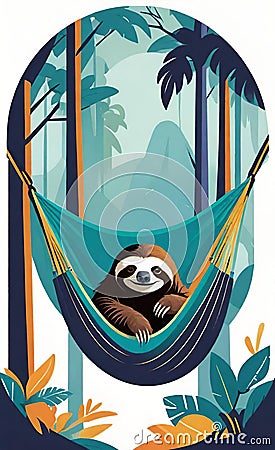 AI generated illustration of a sloth relaxing on a hammock Cartoon Illustration