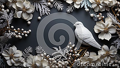 AI generated illustration of a small bird perched atop a festive Christmas branch Cartoon Illustration