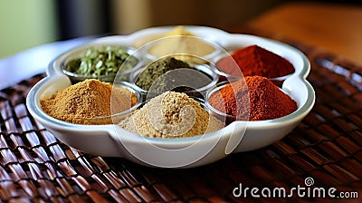 AI generated illustration of small bowls filled with a variety of spices Cartoon Illustration