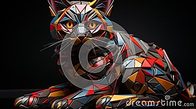 AI-generated illustration of A small brightly colored cat perched in front of a stark black backdrop Cartoon Illustration