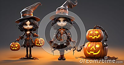 AI generated illustration of small cartoon Halloween characters with jack-o-lanterns Cartoon Illustration