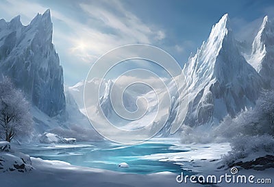 AI generated illustration of a snow-covered frozen mountains in winter with flowing water Cartoon Illustration