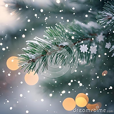 AI generated illustration of snowflakes gently cascading from a pine tree's boughs in a winter Cartoon Illustration
