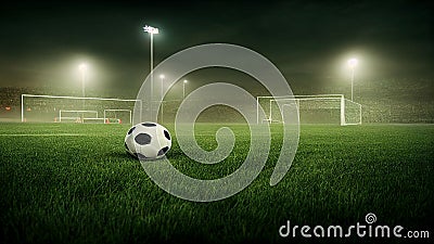 AI generated illustration of soccer ball in the middle of football pitch with illuminated lamp posts Cartoon Illustration