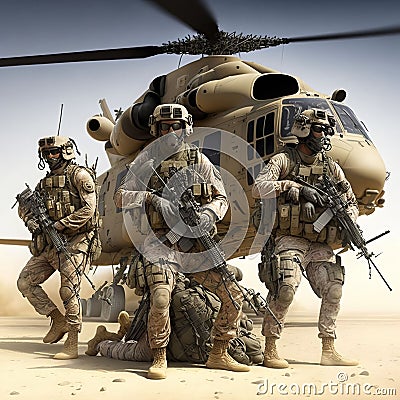 AI generated illustration of soldiers in front of a helicopter, can be used fiction video game Cartoon Illustration