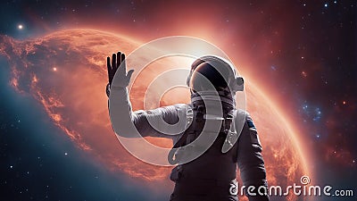 AI generated illustration of a space explorer with his hand up waving on a galaxy background Cartoon Illustration