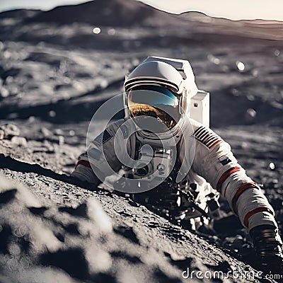 AI-generated illustration of a space explorer in a white space suit climbing a rock on the Moon Cartoon Illustration