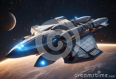 AI generated illustration of a spacecraft in outer space with a starfighter flying in the foreground Cartoon Illustration