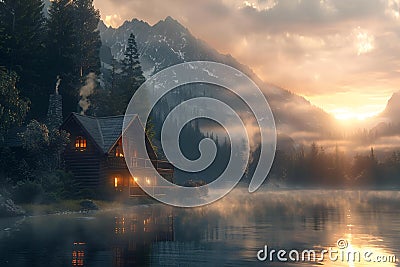 AI generated illustration of a spacious lakeside house with stunning mountain backdrop Cartoon Illustration