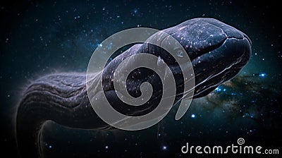 AI generated illustration of sperm whale swimming in underwater nightscape illuminated by starlight Cartoon Illustration