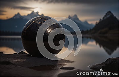 AI generated illustration of a spherical glass orb sitting atop a rocky shoreline by a tranquil lake Cartoon Illustration