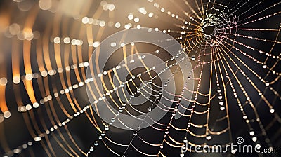 AI-generated illustration of a spider web covered in water droplets, illuminated by a light source Cartoon Illustration