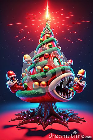 AI generated illustration of a Spooky Christmas tree Cartoon Illustration