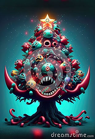 AI generated illustration of a Spooky Christmas tree Cartoon Illustration