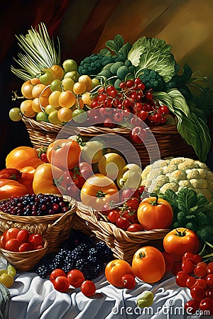 AI generated illustration of a stack of fresh vegetables and fruits in a woven basket Cartoon Illustration